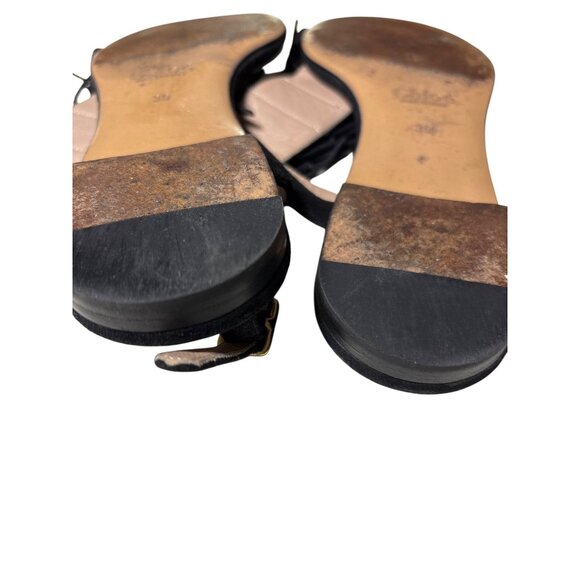 Chloe Sandals Size 39 / 9 Black Suede Fringe Ankle Straps Flats Gold Accent - Picture 11 of 11